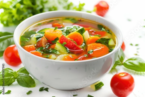 Vegetable Soup Isolated on White Background. Fresh Green Vegetables in Studio Shot