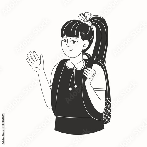 A schoolgirl with a backpack on her back in black and white illustration