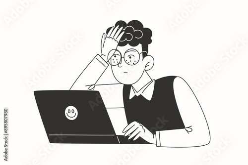 Confused schoolboy in school uniform looking at laptop in black and white illustration