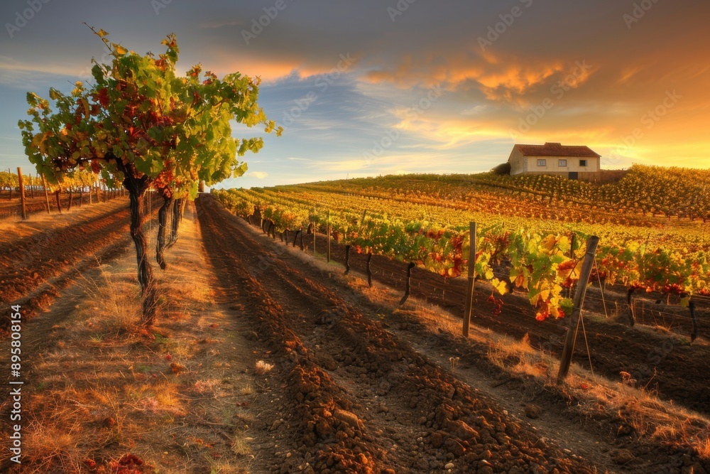 Naklejka premium Vineyard in Alentejo, Portugal: Sunset Scene of Country Countryside