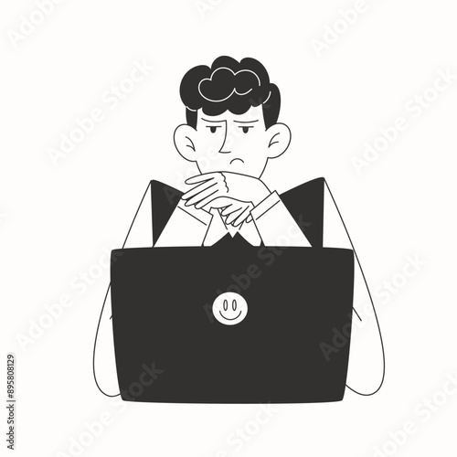 Focused schoolboy on task looking at laptop in black and white illustration
