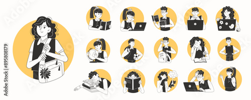 Set of diverse school children in black and white illustration