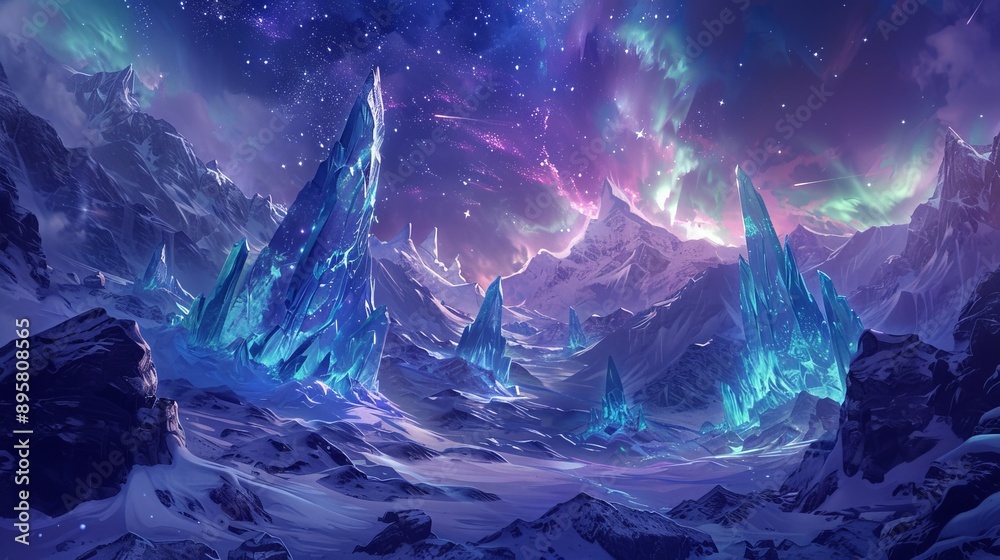 Majestic, sharp icy peaks stand tall under a mesmerizing display of northern lights, creating a breathtaking scene in a surreal, otherworldly winter landscape. Majestic, sharp icy peaks stand tall under a mesmerizing display of northern lights, creating a breathtaking scene in a surreal, otherworldly winter landscape.