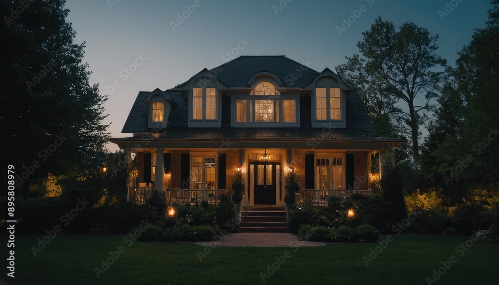 A grand two-story house with a charming porch, glowing warmly from inside, nestled among trees and bathed in the soft light of a setting sun A grand two-story house with a charming porch, glowing warmly from inside, nestled among trees and bathed in the soft light of a setting sun