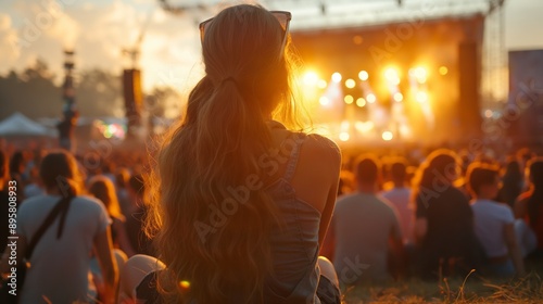 Teenagers, summer music festival, sitting in front of stage © Daniel