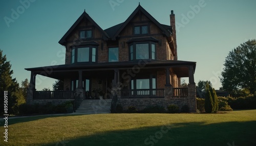 Wallpaper Mural A beautiful Victorian-style home featuring a spacious porch and large windows, illuminated from within, surrounded by a lush green lawn and trees at dusk. Torontodigital.ca