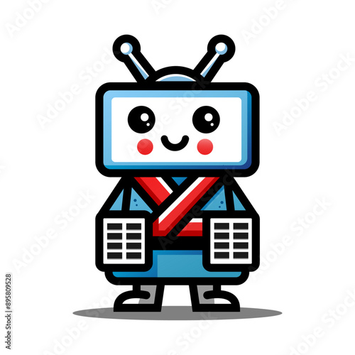 Cute blue and red Robot Mascot Character with TV Face jumpiness robot logo