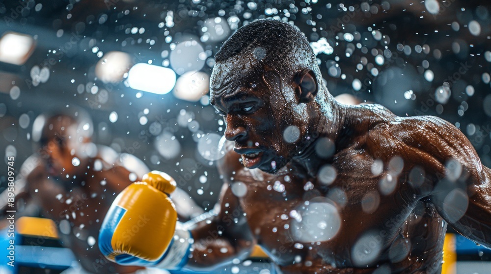 boxer in a yellow and blue glove throws a punch, his face contorted in focus as water droplets fly around him.