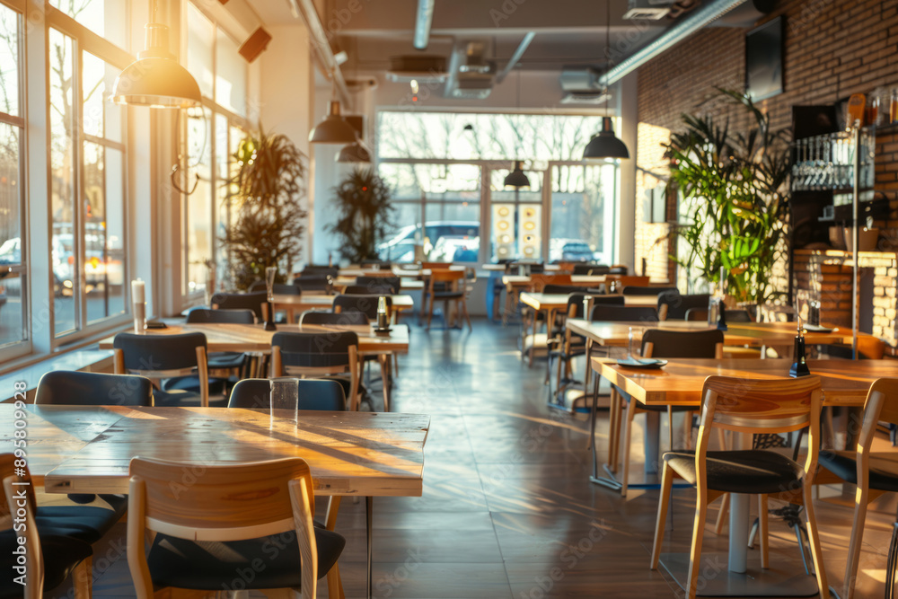 Restaurant with empty tables and chairs in warm sunlight Restaurant with empty tables and chairs in warm sunlight