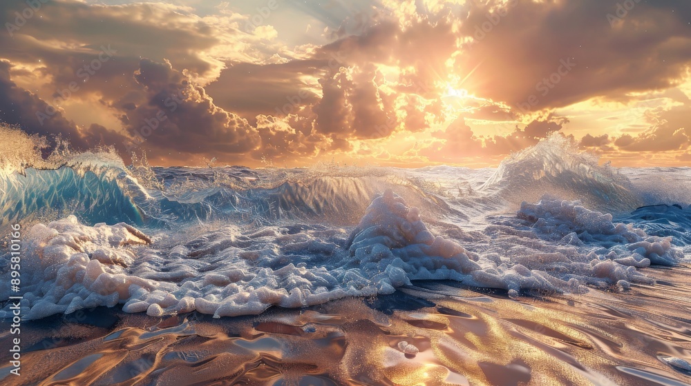 Naklejka premium A picturesque view of sunlit waves crashing on the beach during golden hour. The sky is ablaze with warm colors, creating a serene and peaceful atmosphere.