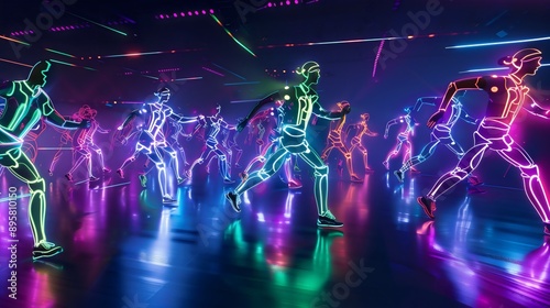 A women in glowing neon colorful lighing suits, dances or running. High sport activity, technology environment. Women training, workout at the gym or fitness studio, energy movements, rhytmic gymnast photo