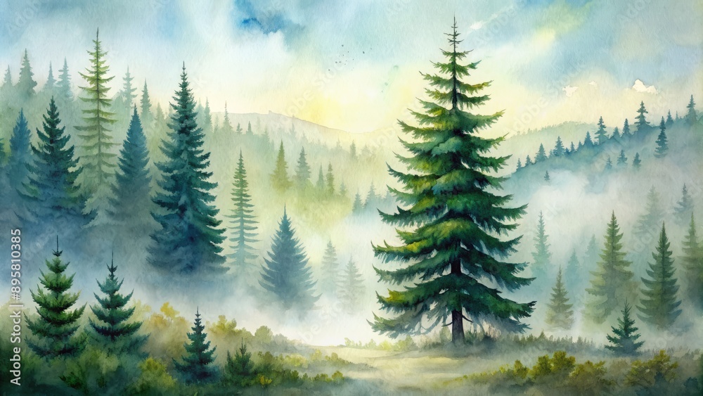 Obraz premium Serene whimsical watercolor illustration of a majestic spruce tree amidst a misty forest landscape with fir silhouettes in the background.