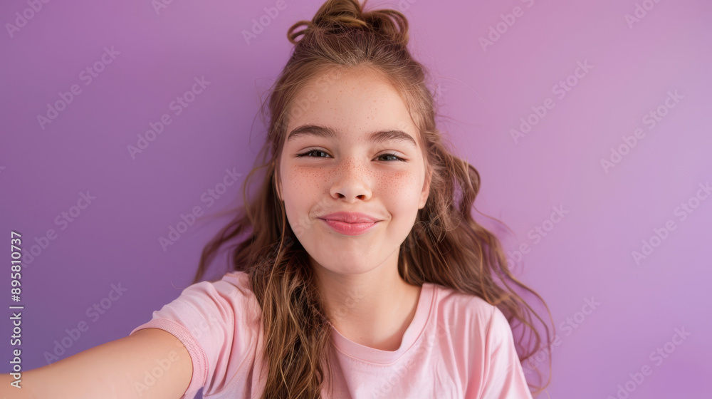 Cute young girl taking a selfie, winking, dressed in a single shirt on a purple background Cute young girl taking a selfie, winking, dressed in a single shirt on a purple background