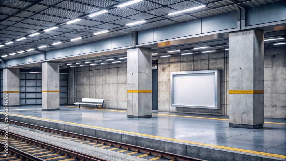 Modern urban subway station with blank billboard and urban advertising surrounded by concrete and metal infrastructure in flat design. Modern urban subway station with blank billboard and urban advertising surrounded by concrete and metal infrastructure in flat design.