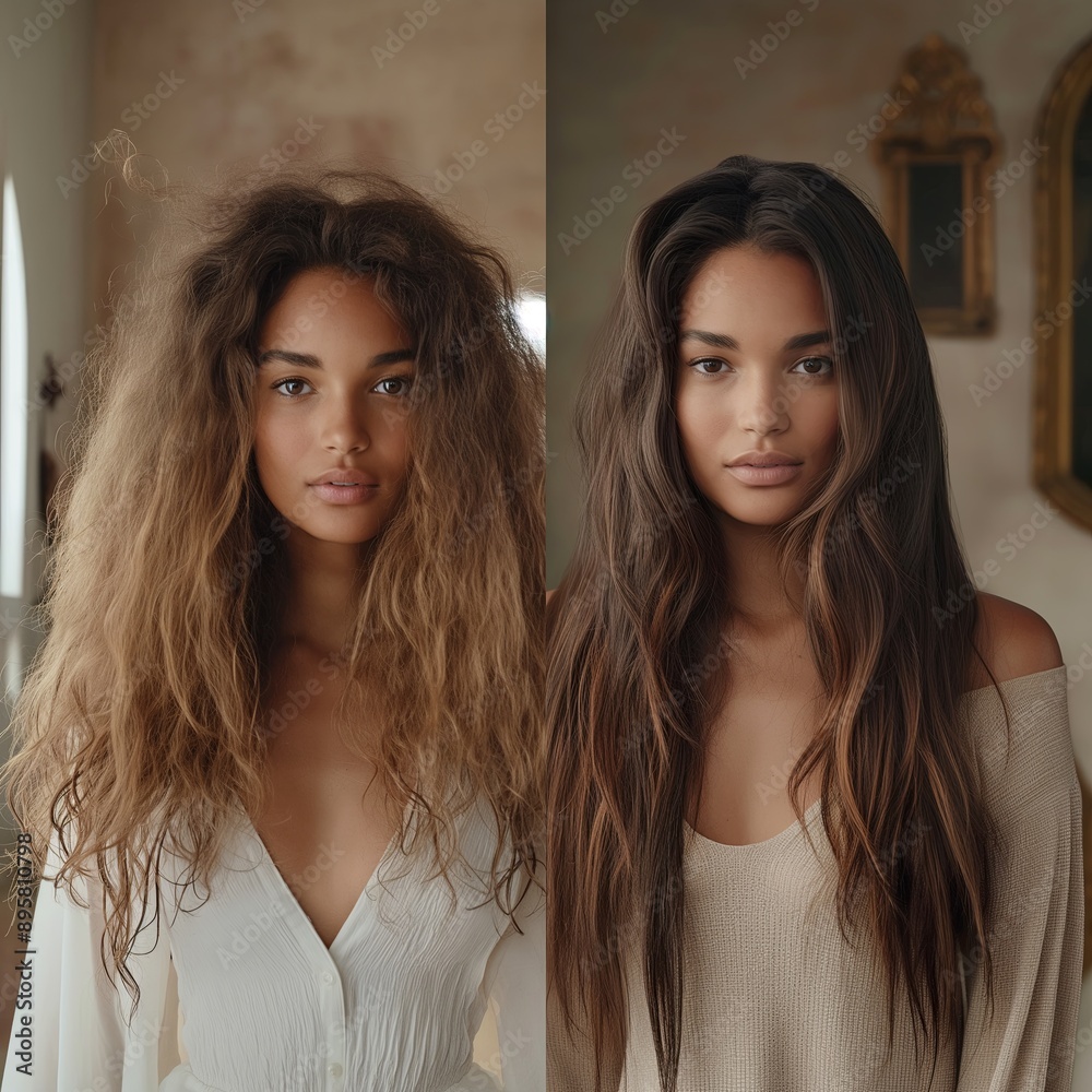 Portrait of a beautiful woman before and after hair straightening Portrait of a beautiful woman before and after hair straightening