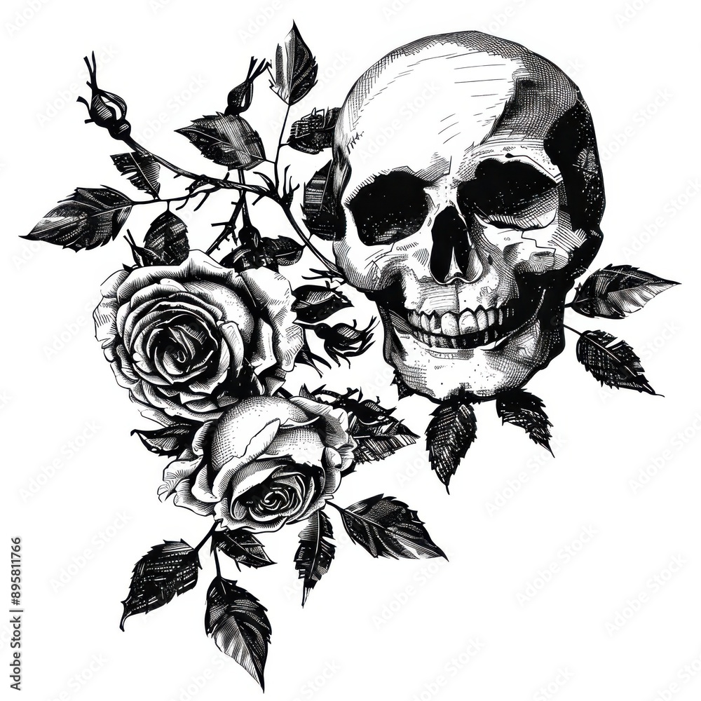 Fototapeta premium Black and white Vintage engraved art of a dark roses and skull, isolated on white background, ink sketch illustration, simple vector art design, highly detailed line art, high contrasty