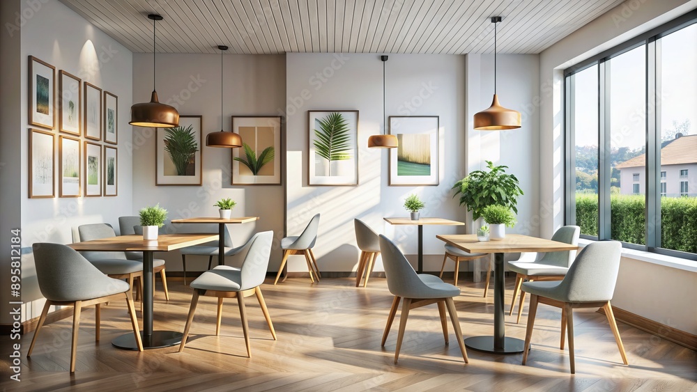 custom made wallpaper toronto digitalModern minimalist interior design featuring sleek tables, chairs, and creative posters on a white wall, perfect for restaurants and cafes.