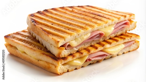 Crunchy, golden-brown toasted panini filled with melted cheese and thinly sliced ham, perfectly grilled with prominent sear marks on white background.