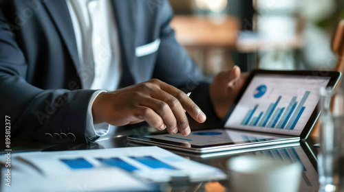 Digital interface showing customer relationship metrics, businessman analyzing data on a tablet