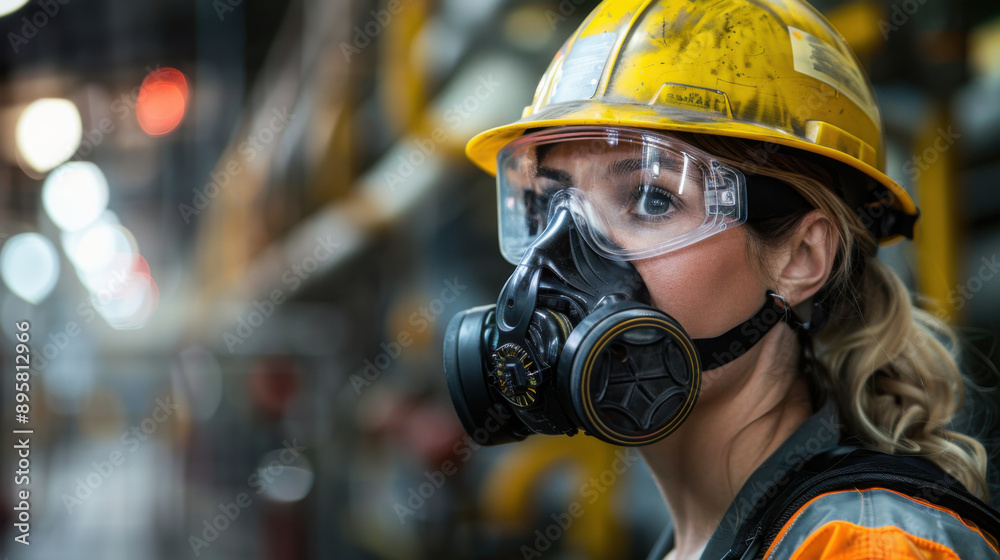 Woman wearing safety helmet and respirator mask in a factory, ensuring compliance with industrial safety standards. Woman wearing safety helmet and respirator mask in a factory, ensuring compliance with industrial safety standards.