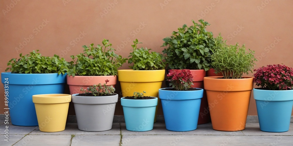 Colorful Flower Pots on Patio.