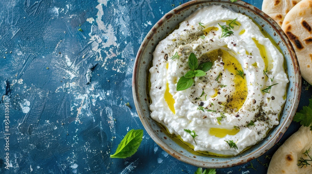 Labneh yogurt cream cheese with olive oil herbs and za atar on blue background with copy space Authentic Arabian or Middle Eastern homemade labneh dip served with pita bread Traditional Ara Labneh yogurt cream cheese with olive oil herbs and za atar on blue background with copy space Authentic Arabian or Middle Eastern homemade labneh dip served with pita bread Traditional Ara
