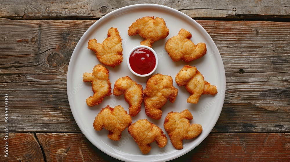 Top view of a plate of dinosaur shaped chicken nuggets Top view of a plate of dinosaur shaped chicken nuggets