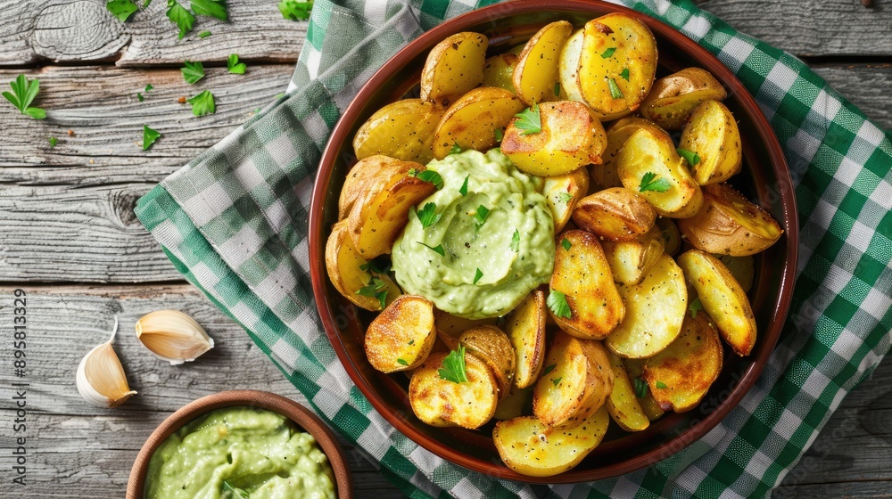 Trendy Comfort Snack Crunchy Roasted Crushed Potatoes with Creamy Avocado and Garlic Dip on a Green Checkered Kitchen Towel Top View Trendy Comfort Snack Crunchy Roasted Crushed Potatoes with Creamy Avocado and Garlic Dip on a Green Checkered Kitchen Towel Top View