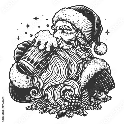 Santa Claus drinking beer frothy beverage. Festive and cheerful. sketch engraving generative ai fictional character vector illustration. Scratch board imitation. Black and white image.