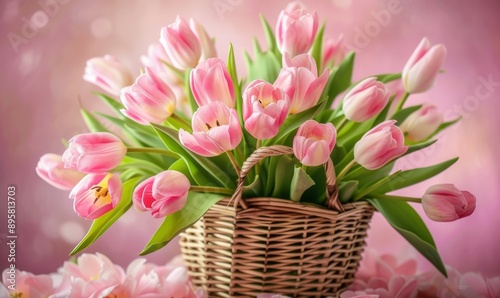 Basket of pink tulip flowers on a pink spring background