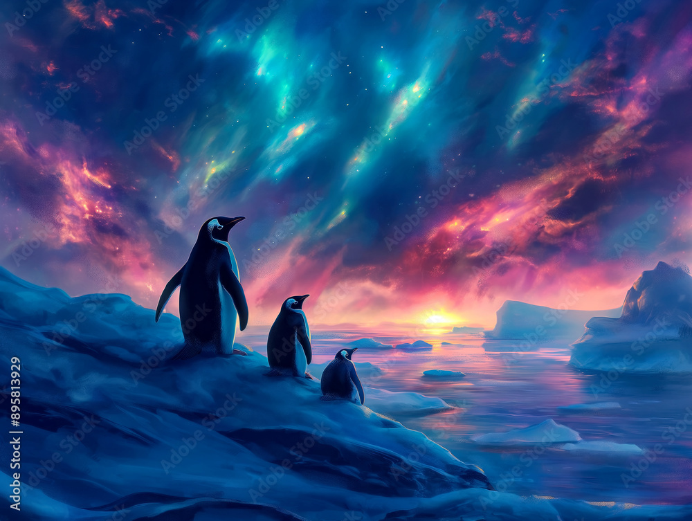Three penguins standing on a snowy hill overlooking a body of water. The sky is filled with colorful auroras, creating a serene and peaceful atmosphere