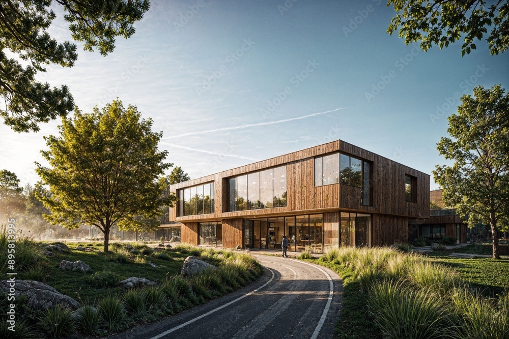 Contemporary wooden building with large glass windows surrounded by lush greenery and trees, set in a natural landscape. Contemporary wooden building with large glass windows surrounded by lush greenery and trees, set in a natural landscape.