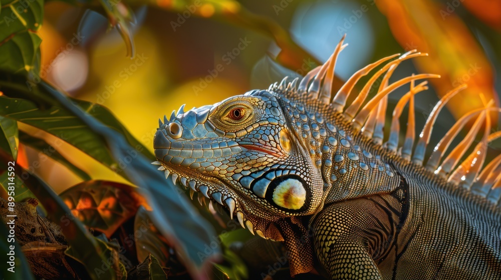 Colorful iguana is perched on a branch with the sun highlighting its orange spikes