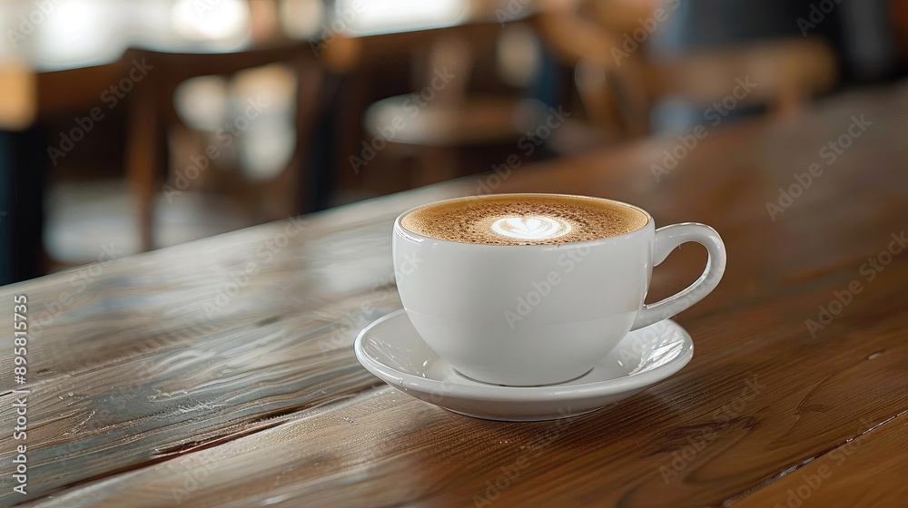 Close-up of a fresh cup of cappuccino on a wooden table in a cozy cafe. Warm and inviting atmosphere perfect for relaxing or working. Close-up of a fresh cup of cappuccino on a wooden table in a cozy cafe. Warm and inviting atmosphere perfect for relaxing or working.
