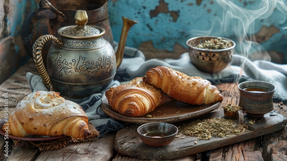 Argentinian pastelito beside a kettle mate and yerba mate Argentinian pastelito beside a kettle mate and yerba mate