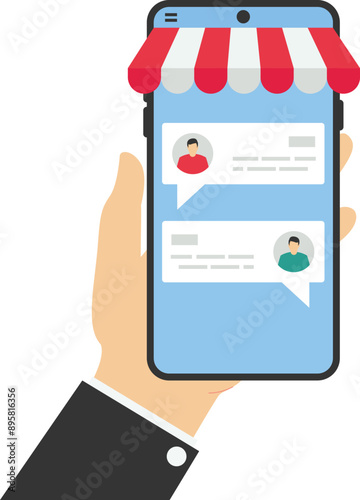 human hand holding mobile phone with text messages online service

