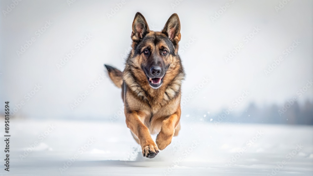Intense focus emanates from a sleek German Shepherd police dog sprinting solo on a pristine white background, exuding power and protection.