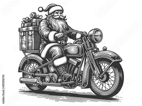 Santa Claus on motorcycle carrying sack of gifts. Festive and fun holiday scene. sketch engraving generative ai fictional character vector illustration. Scratch board imitation. Black and white image.