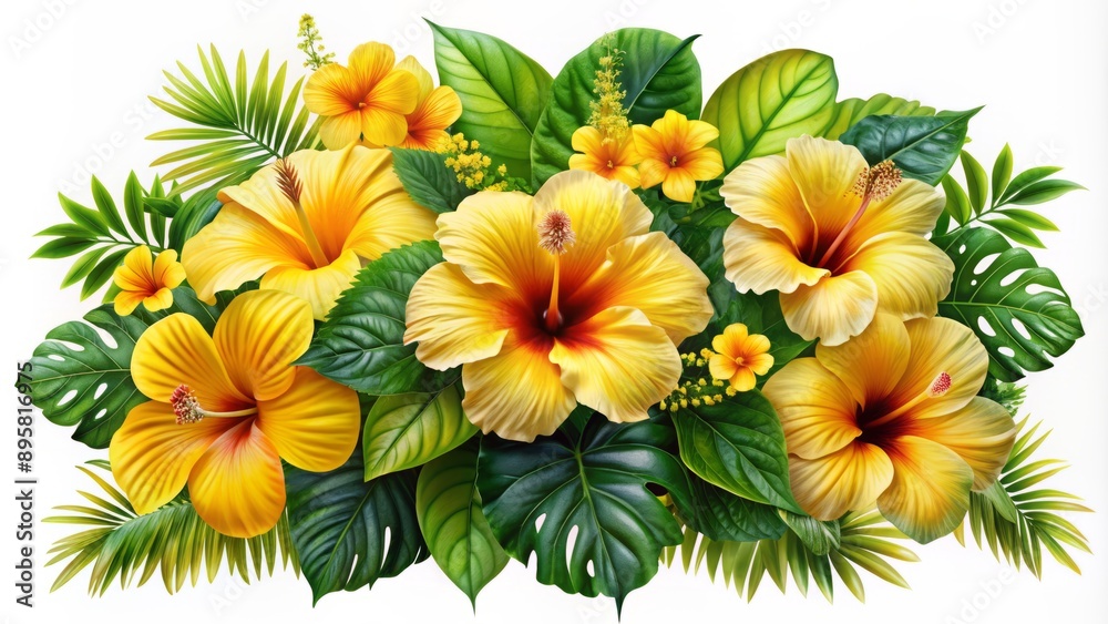 Fototapeta premium Vibrant yellow hibiscus flowers and lush tropical plants beautifully arranged on a clean transparent background, radiating tropical serenity and natural elegance.