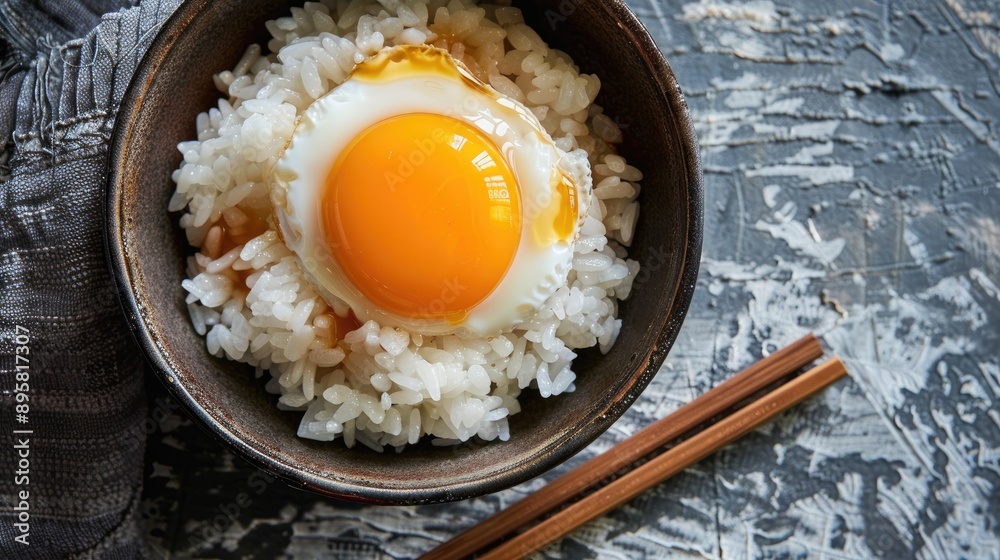 Enjoy a traditional Japanese breakfast with tamago kake gohan a delicious mix of raw egg and soy sauce over rice Enjoy a traditional Japanese breakfast with tamago kake gohan a delicious mix of raw egg and soy sauce over rice