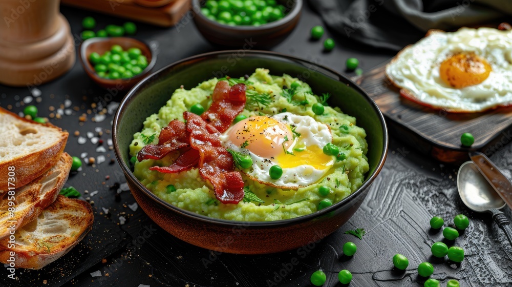 Pea Mash with Hard Boiled Egg Crispy Bacon Toast and Baguette for Breakfast Homemade No People Pea Mash with Hard Boiled Egg Crispy Bacon Toast and Baguette for Breakfast Homemade No People