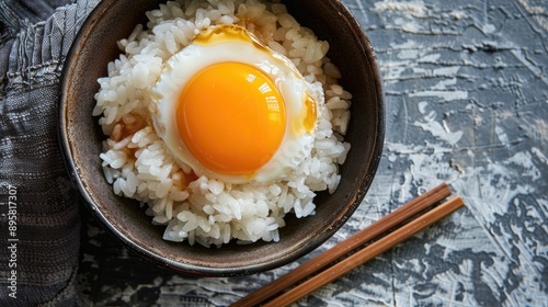 Enjoy a traditional Japanese breakfast with tamago kake gohan a delicious mix of raw egg and soy sauce over rice photo