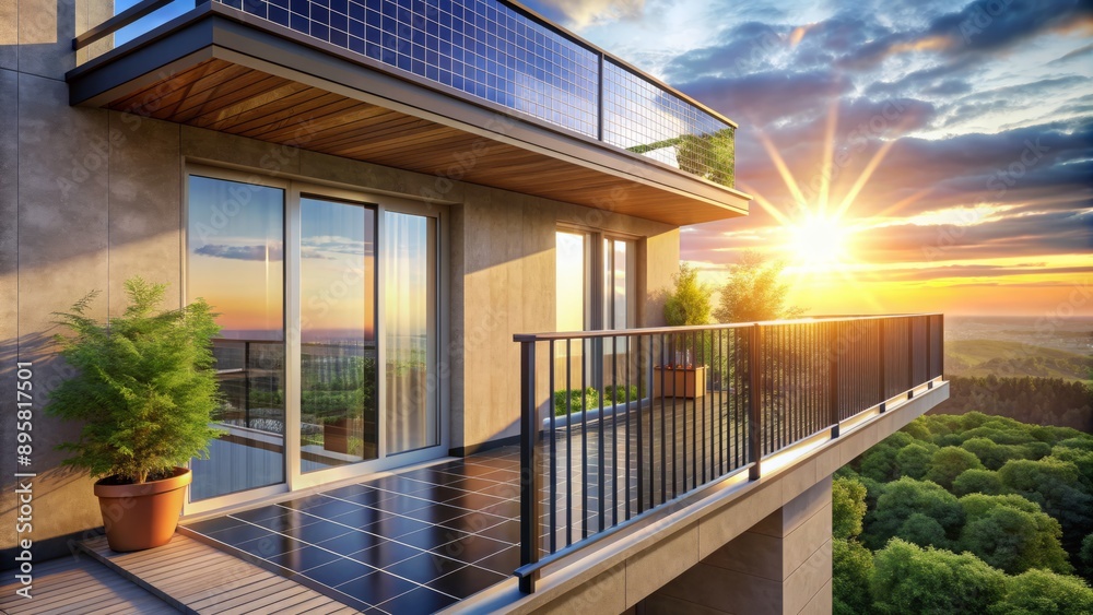 Fototapeta premium Contemporary balcony with sleek solar panels mounted vertically on railing, illuminated by warm sunlight, casting subtle shadows on floor.