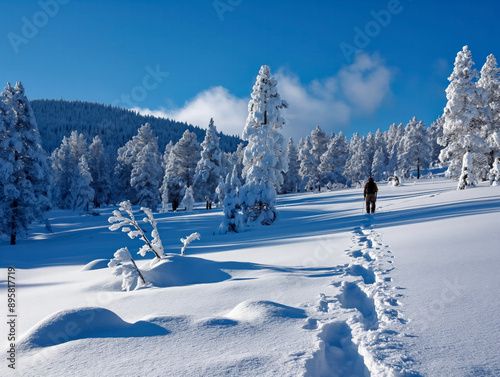 A person is walking through a snowy field with trees in the background. The sky is clear and blue, and the snow is deep. The scene is peaceful and serene