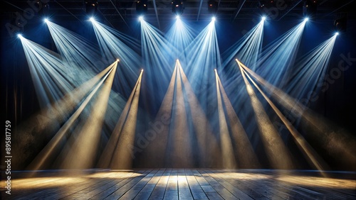 Intense beams of light illuminate dark empty stage floor, projecting dramatic shadows, highlighting importance of upcoming performance. photo