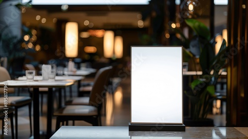 Elegant blank menu is displayed on a table in a blurry restaurant interior