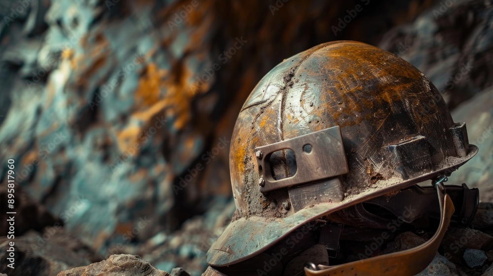 Naklejka premium Aged and weathered mining helmet in a cavern with shallow depth of field