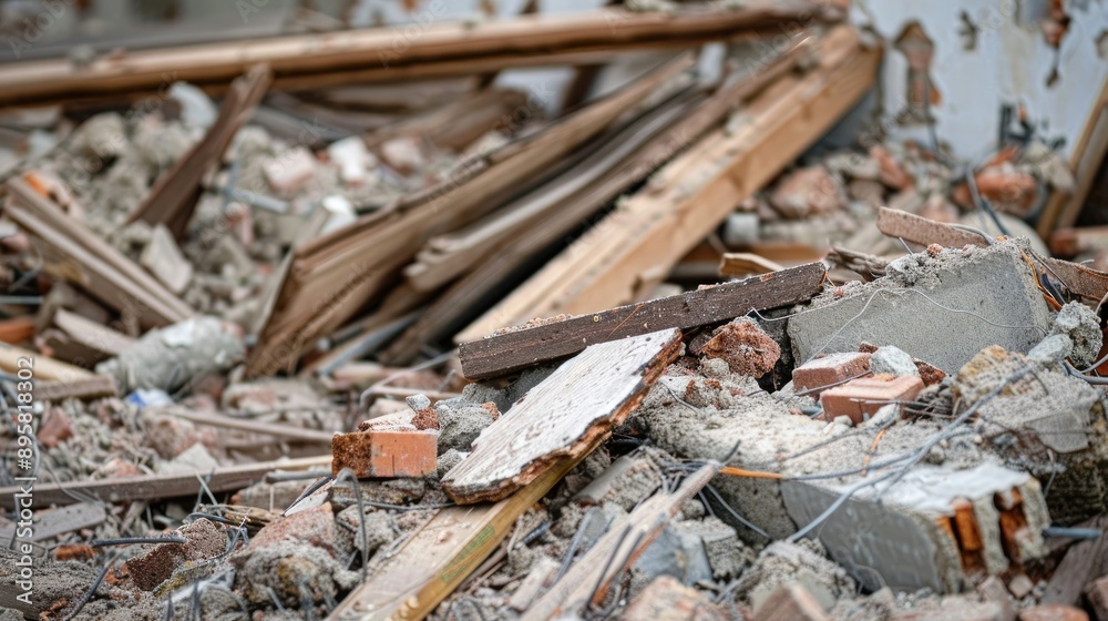 Debris and hazards at a demolition site Exposed nails posing injury risk Health and safety concern Debris and hazards at a demolition site Exposed nails posing injury risk Health and safety concern