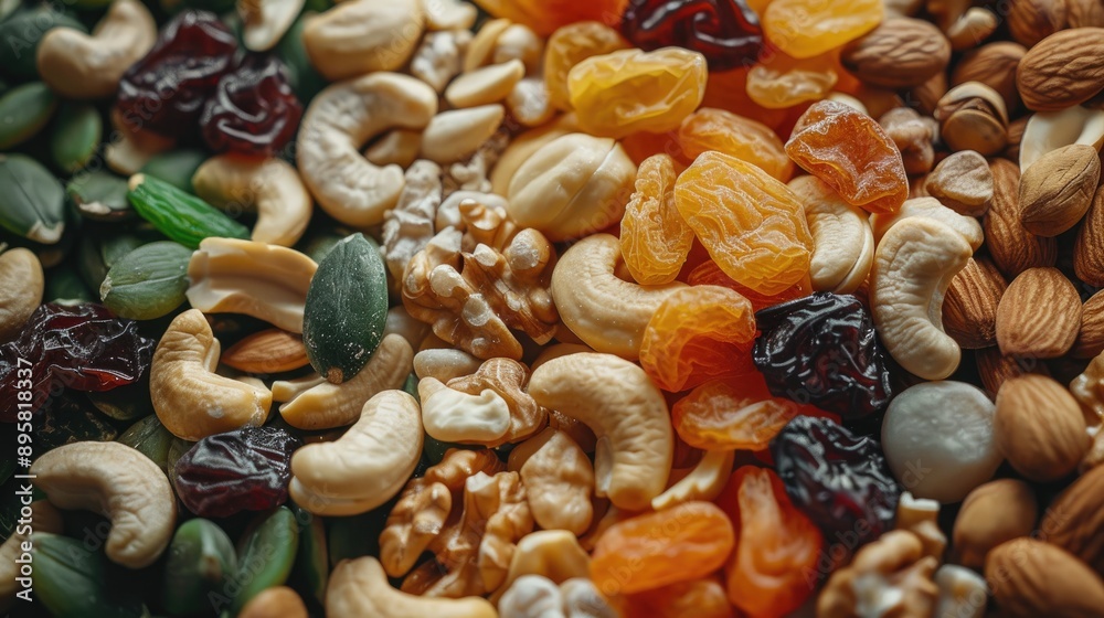 Extreme close up of a variety of nuts and dried fruits Extreme close up of a variety of nuts and dried fruits