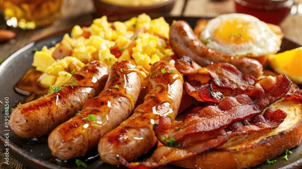 Close up of a hearty breakfast platter featuring scrambled eggs bacon French toast sausages potatoes maple syrup and a fresh orange slice Close up of a hearty breakfast platter featuring scrambled eggs bacon French toast sausages potatoes maple syrup and a fresh orange slice